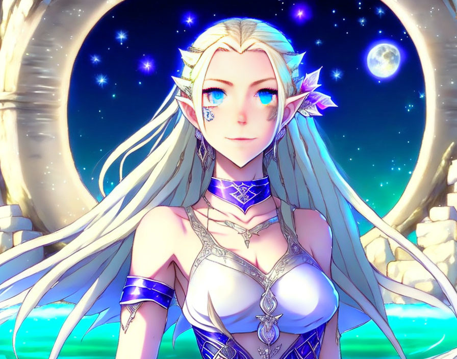 Blonde-haired elf with silver jewelry in celestial setting