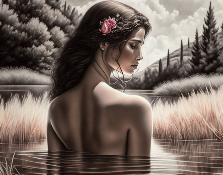 Woman with Pink Flower in Hair Submerged in Water Among Serene Nature