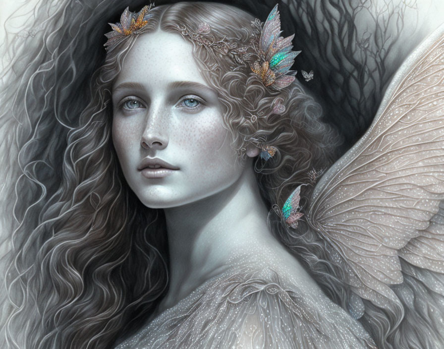 Ethereal figure with butterfly wings, curly hair, blue eyes, and embellished garment