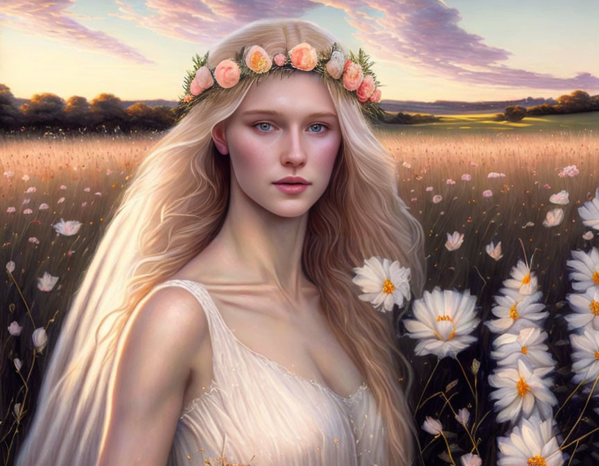 Blonde Woman with Floral Crown in Flower Field at Sunset