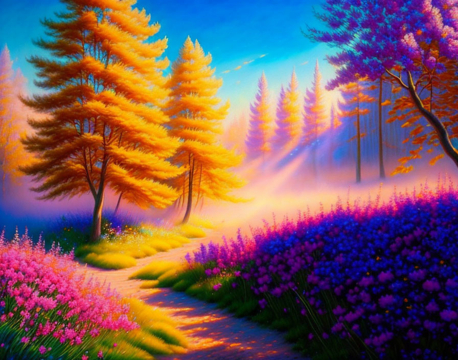 Golden trees and purple flowers in sunlit landscape