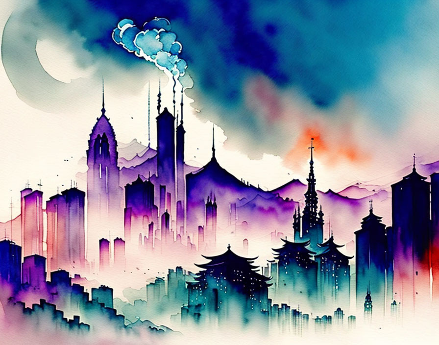 Vibrant watercolor fantasy skyline against sunset sky