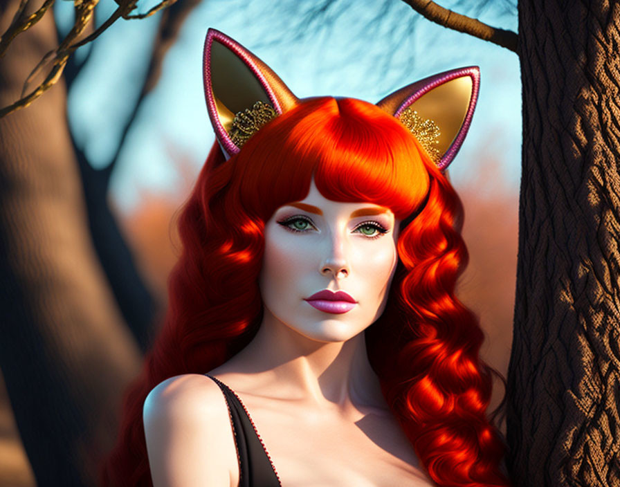 Red-haired woman with cat ears in mystical forest setting.