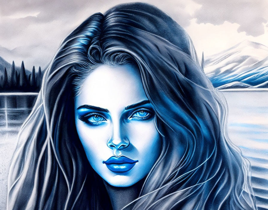 Blue-toned portrait of woman with flowing hair against mountainous backdrop