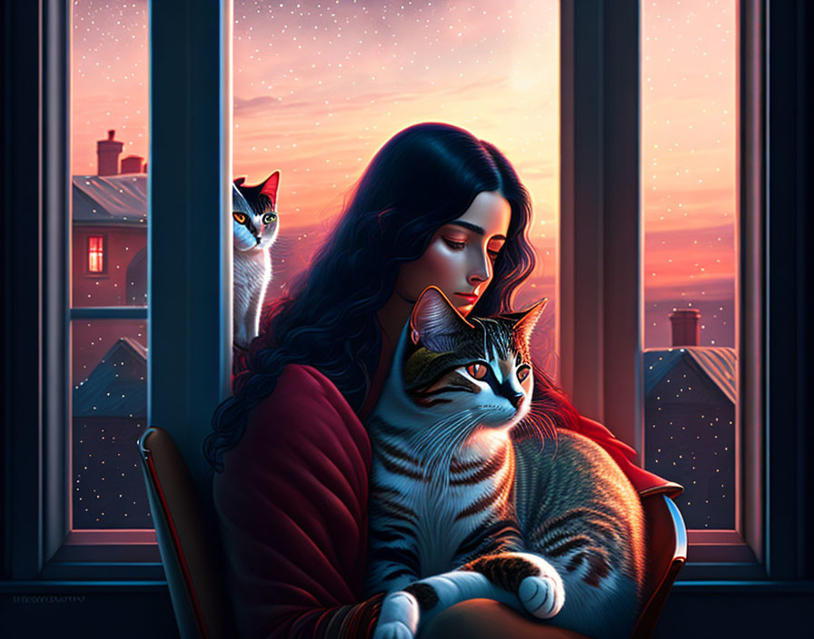 Woman with Tabby Cat by Window at Dusk with Starry Rooftops