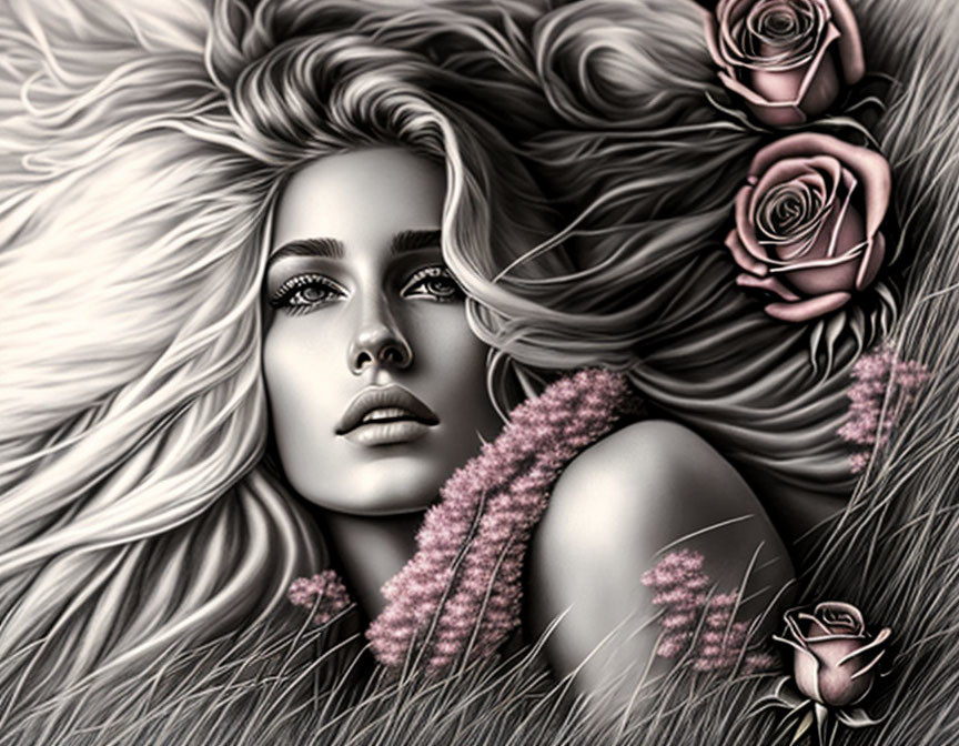 Monochrome portrait of woman with flowing hair and roses in grayscale with pink accents