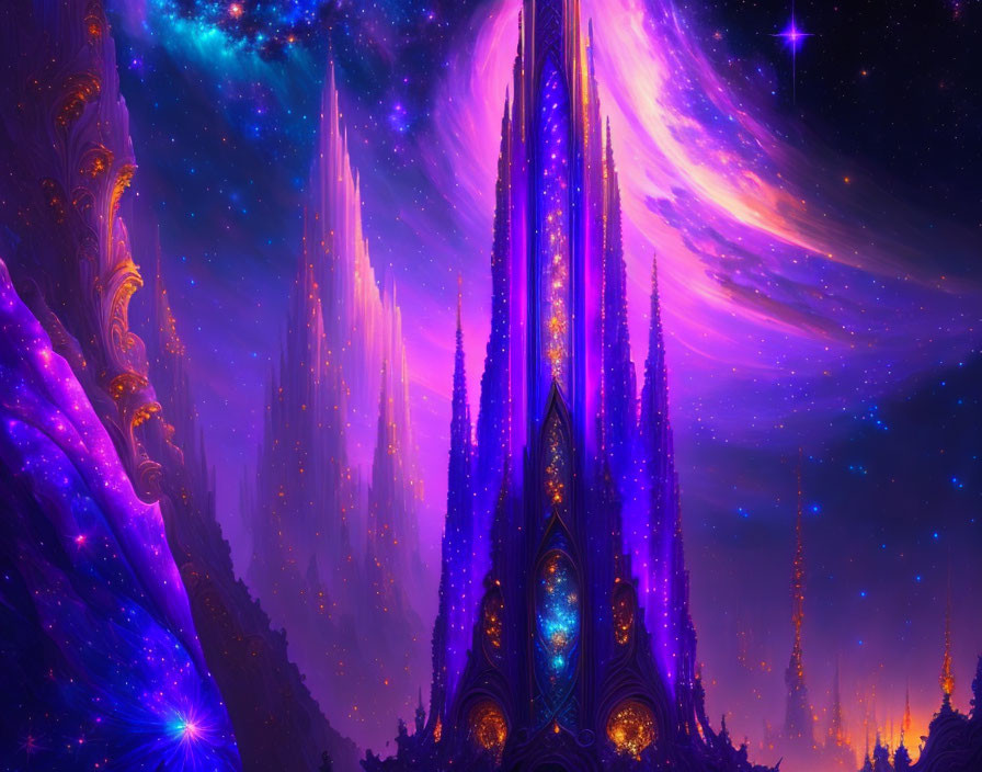 Colorful space fantasy landscape with towering spires and nebulas