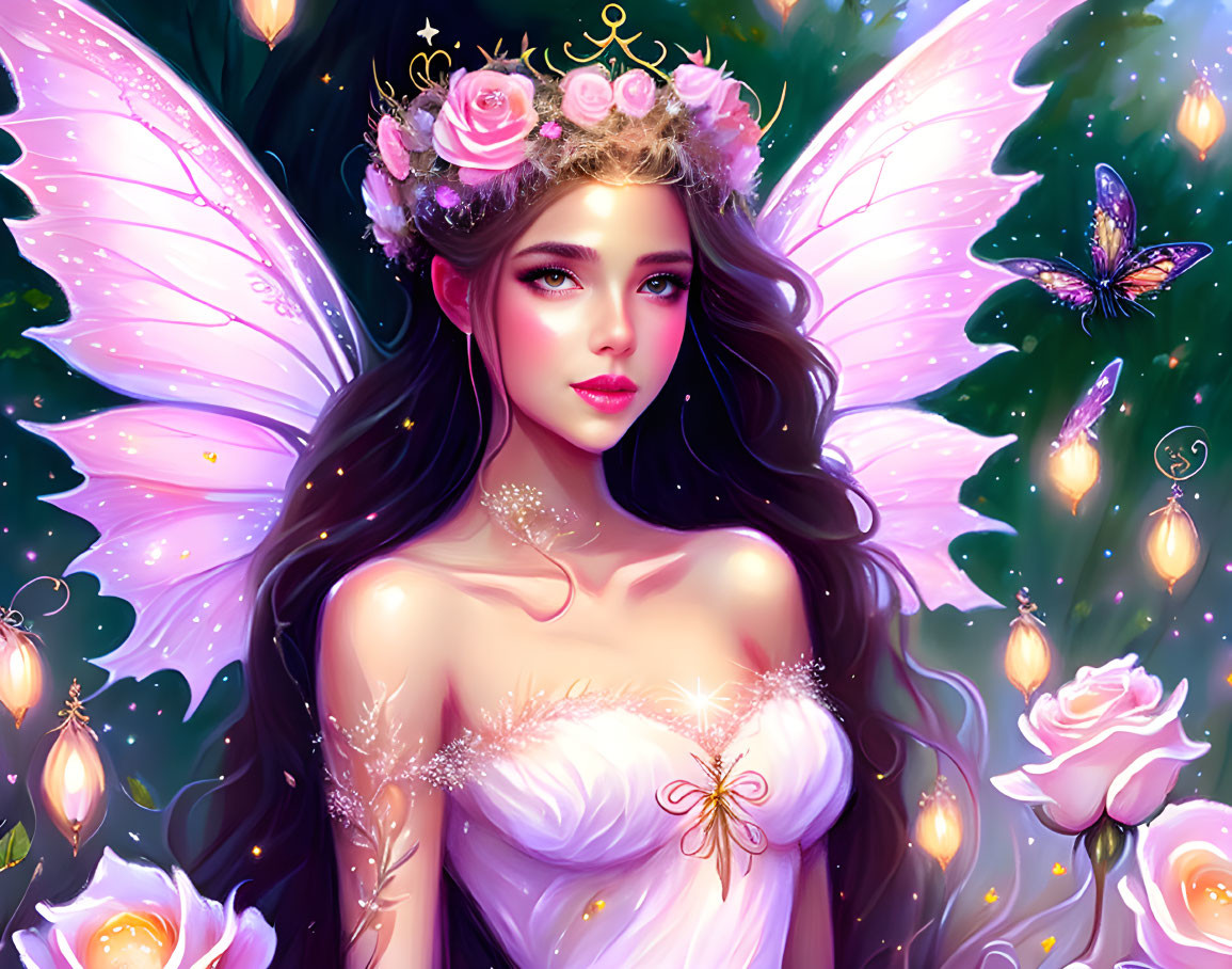 Fantasy illustration: Pink-winged fairy with rose crown in enchanted forest.