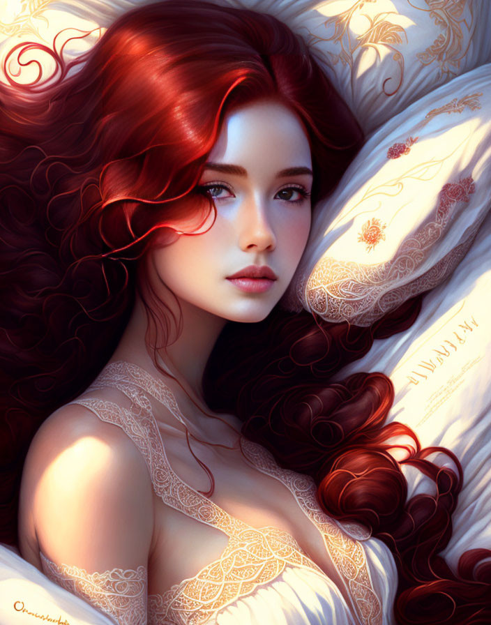 Digital artwork of woman with flowing red hair and white lace garment reclining on ornate pillows.