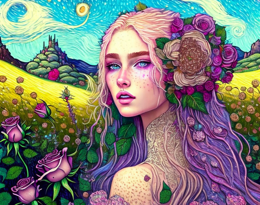 Colorful illustration: Woman with pink hair and floral elements in whimsical landscape