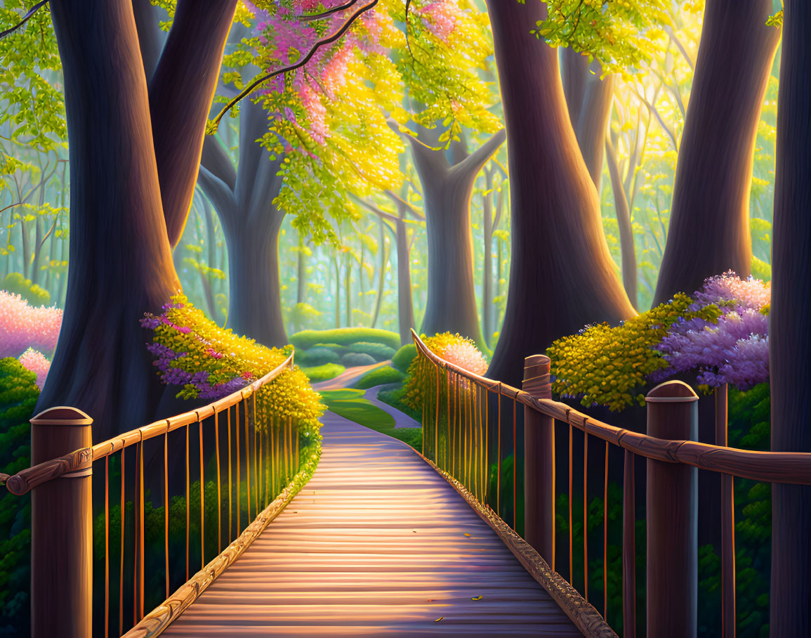 Tranquil forest pathway with blooming trees under golden sunlight