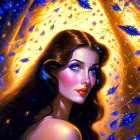 Digital portrait of woman with glowing butterflies in gold and blue background