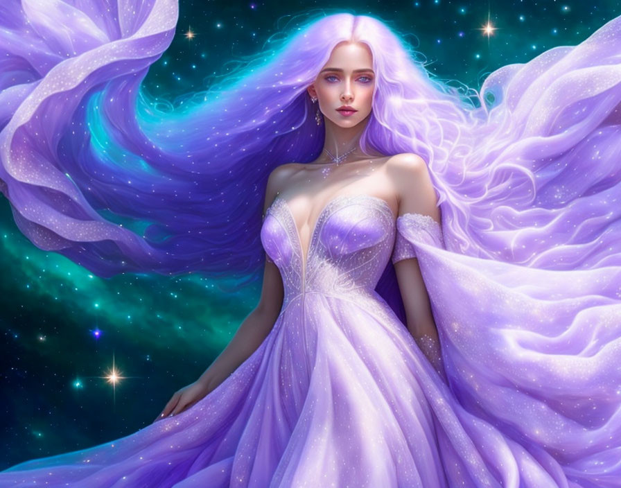 Mystical woman with violet hair and starry gown.