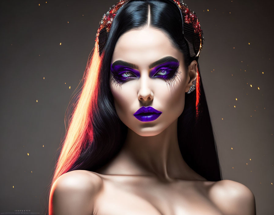 Woman with Striking Purple Makeup and Jewel Headpiece on Dark Shimmering Background