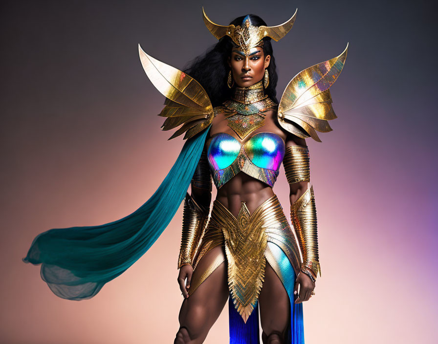 Fantasy warrior woman in golden armor and blue cape on gradient background