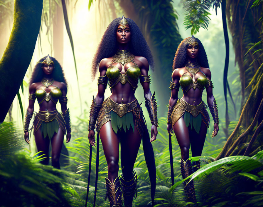 Three Female Warriors in Golden Tribal Armor in Misty Jungle