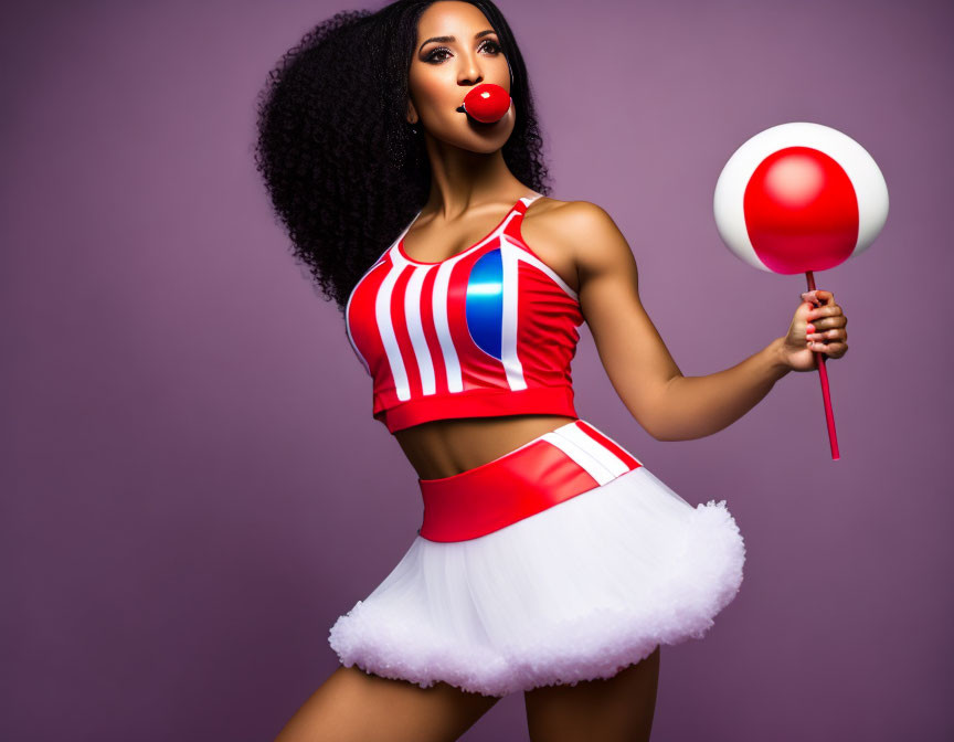 Curly-haired woman in colorful costume with red clown nose holding lollipop on purple background