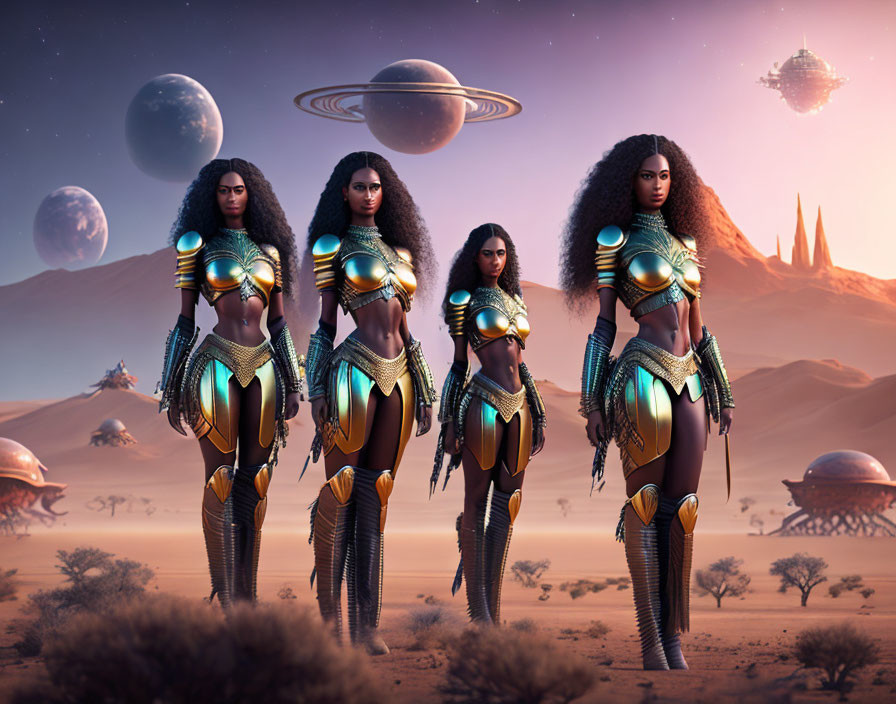 Four warrior women in futuristic armor in desert landscape with planets and spaceships.