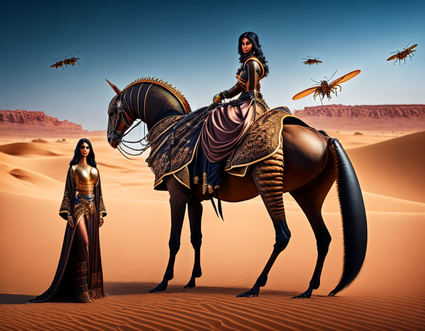 Fantastical desert scene with woman in ornate armor and giant ant-horse hybrid creature