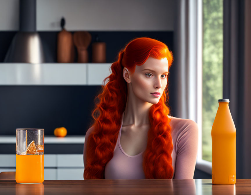 Woman with Bright Red Hair at Kitchen Table with Orange Juice and Bottle