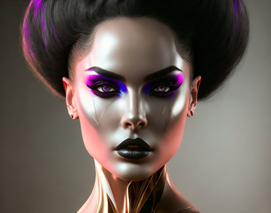 Portrait of a woman with purple eye makeup and updo hairstyle