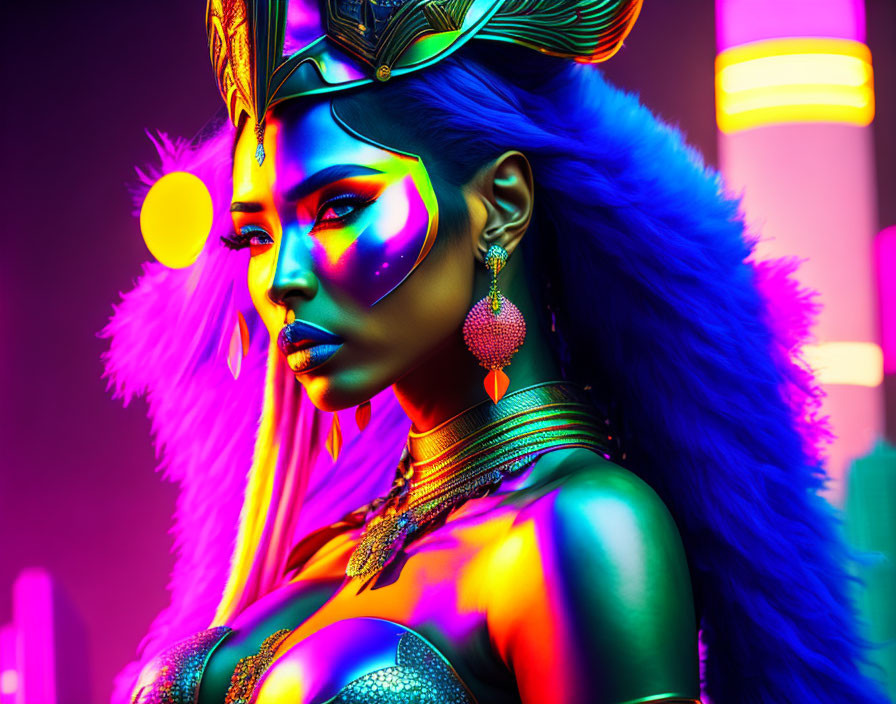 Colorful portrait of a woman with blue hair and gold jewelry in neon cityscape