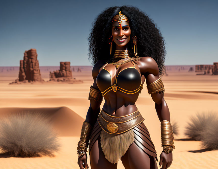 Dark-skinned muscular woman in golden warrior attire in desert landscape