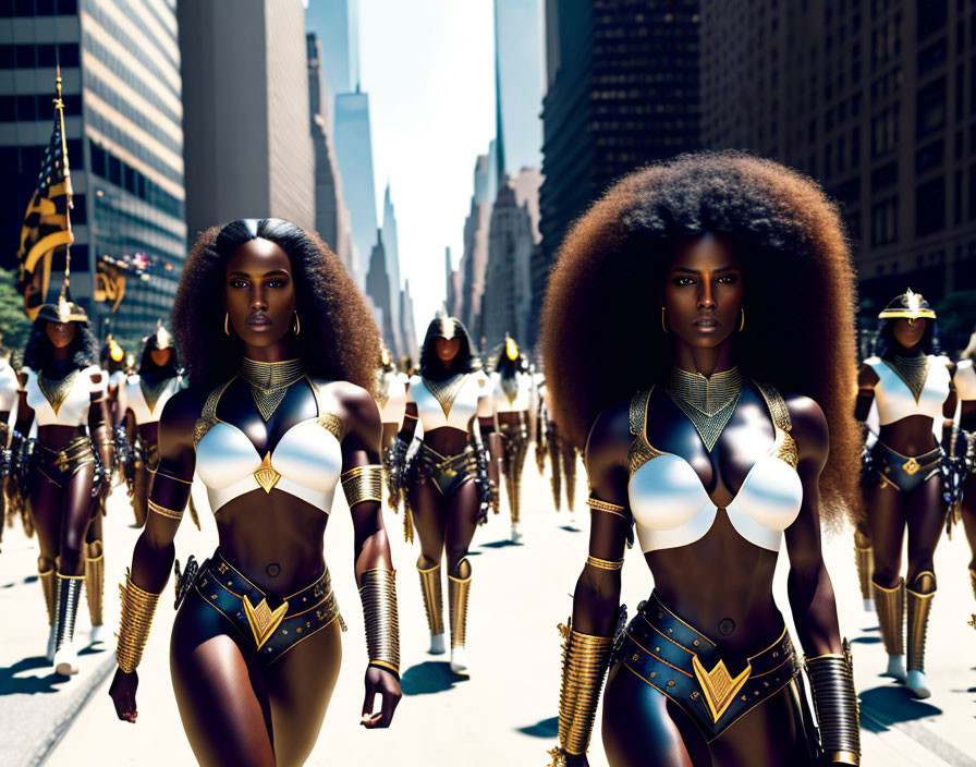 Women with afros in futuristic armor attire confidently walking in urban setting