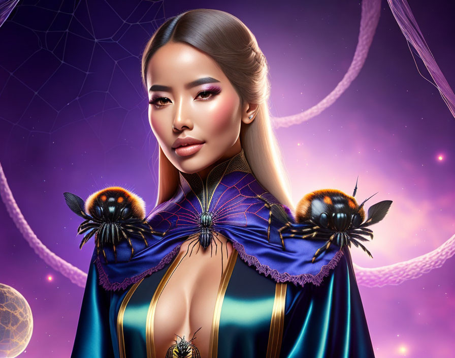 Asian woman digital art with cosmic background, spiders, elegant attire, and mystical vibe