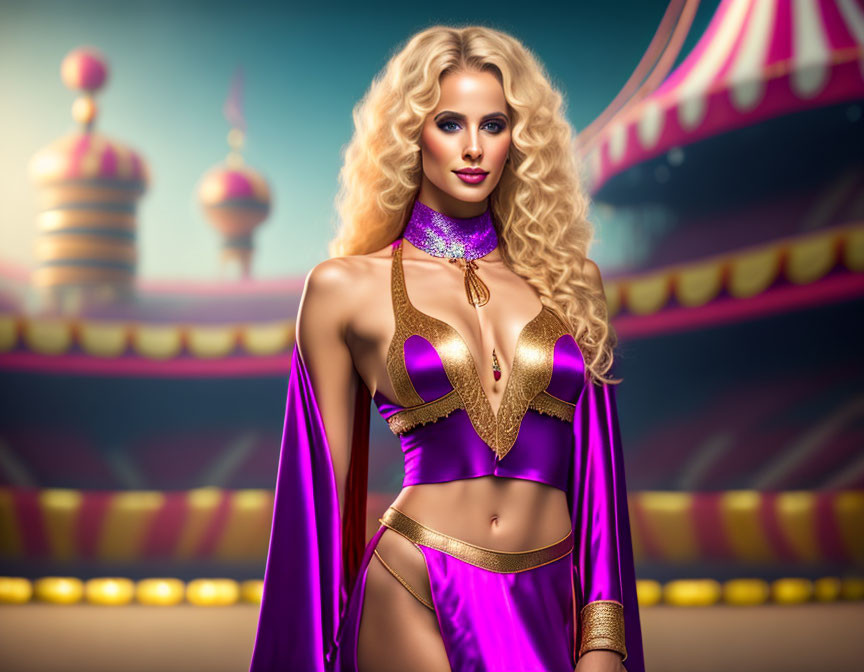 Glamorous woman in purple and gold circus costume with choker poses confidently