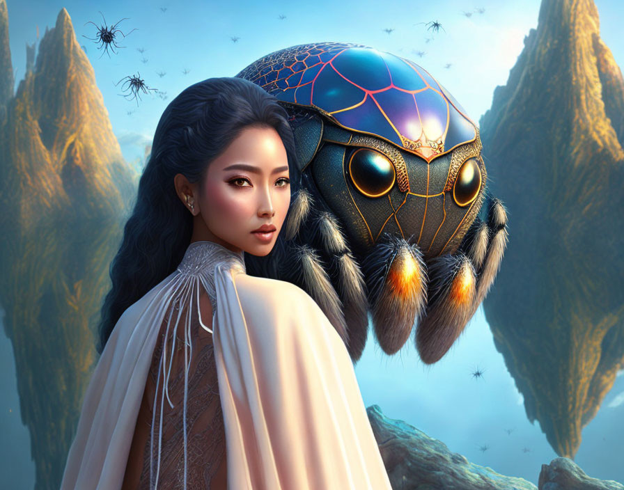 Serene woman standing with oversized, colorful spider in surreal backdrop