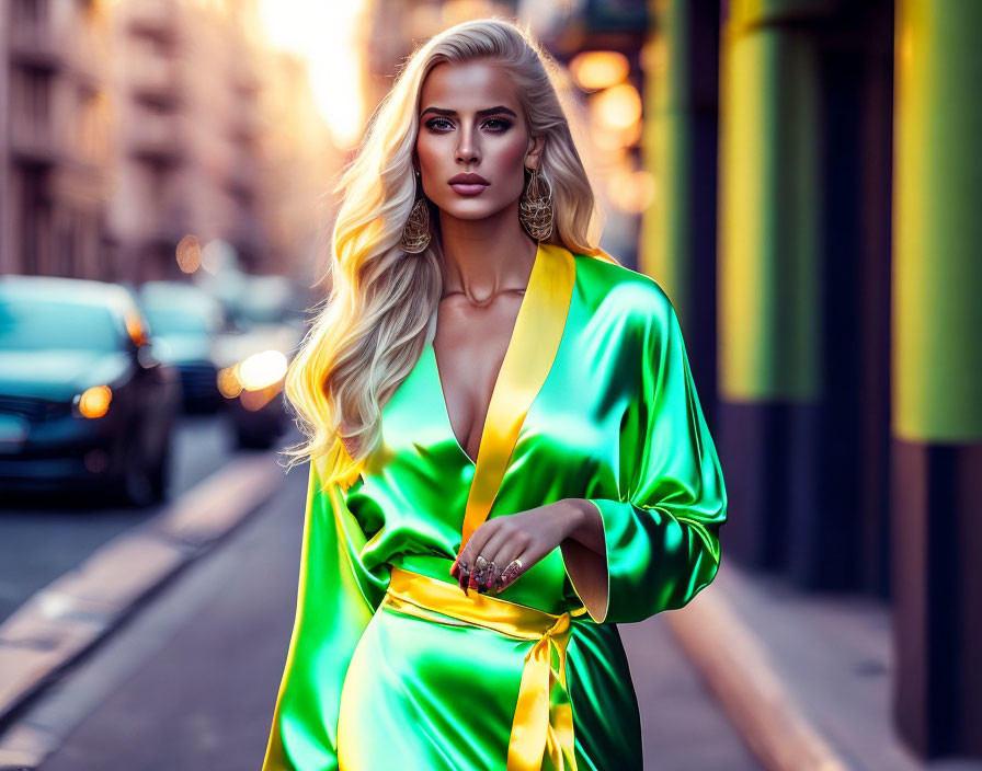 Blonde woman in yellow-green satin dress under sunlight on urban street