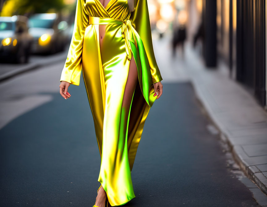 Striking lime green satin dress with high slit on city street