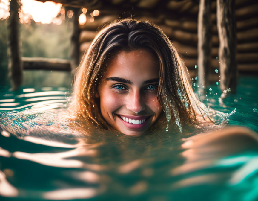 Smiling woman with wet hair in sparkling pool at golden hour