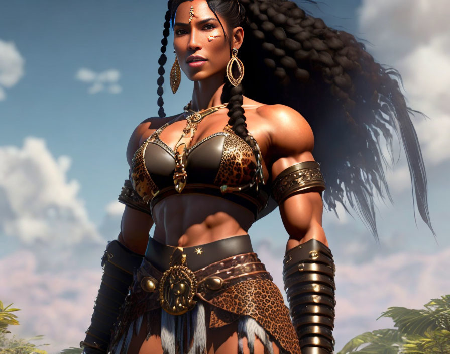 Digital image of fierce woman in leopard warrior outfit against sky.