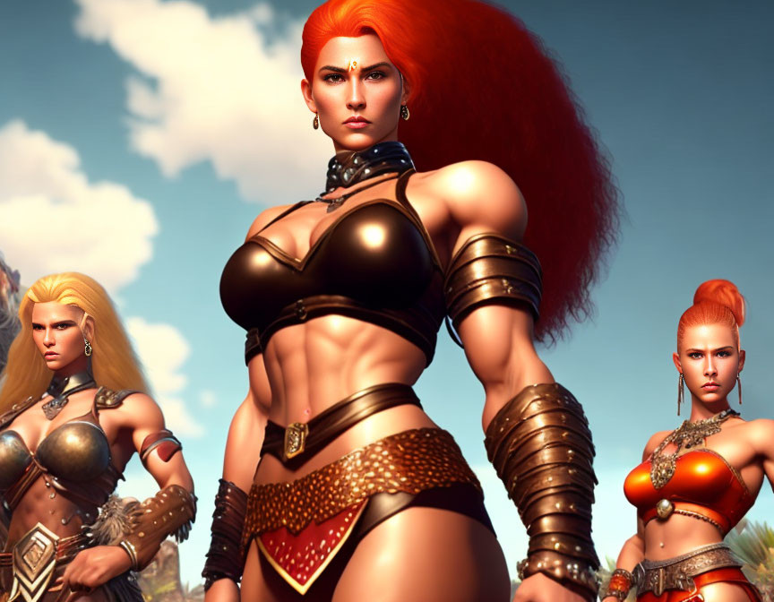 Three red-haired female warriors in fantasy armor under a blue sky