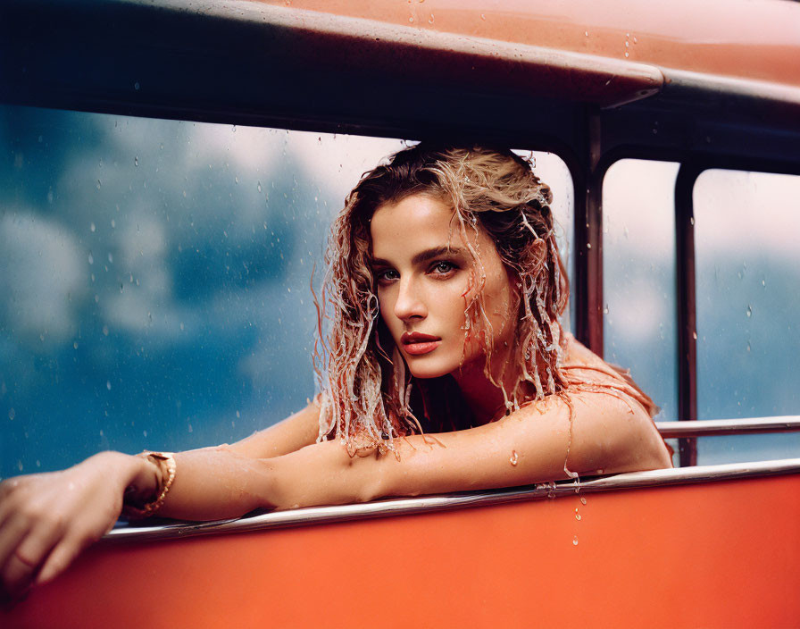 Person with wet hair in red vehicle gazes into distance with raindrops on window.