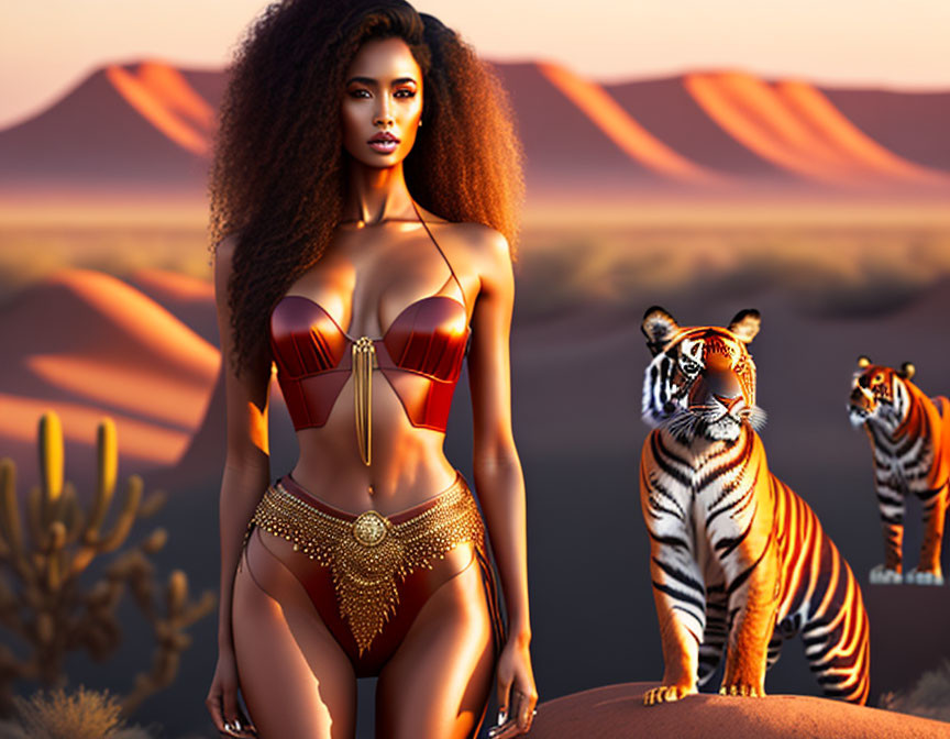 Digital Artwork: Woman in Red & Gold Bikini with Tigers in Desert Sunset