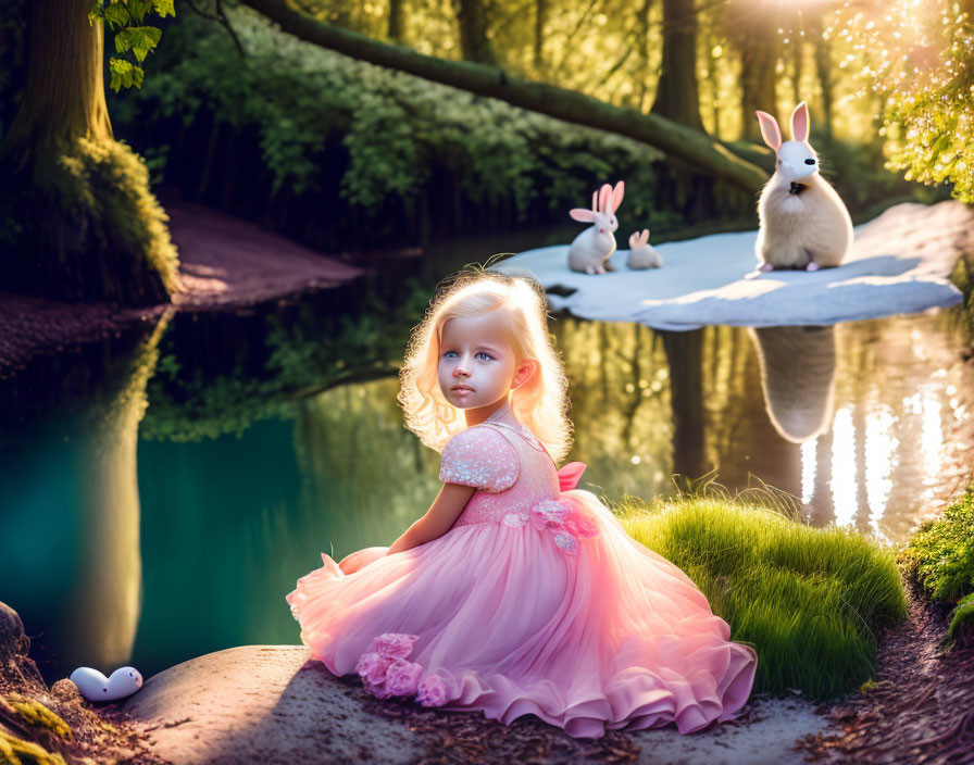 Young girl in pink dress by serene pond with whimsical rabbits