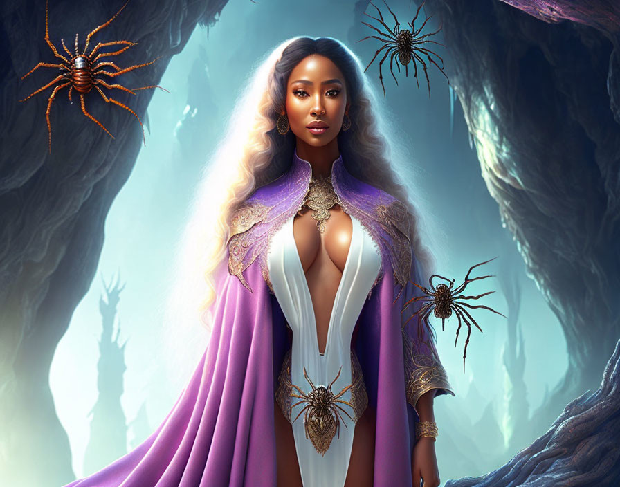 Regal woman adorned with golden jewelry in mystical forest with spiders