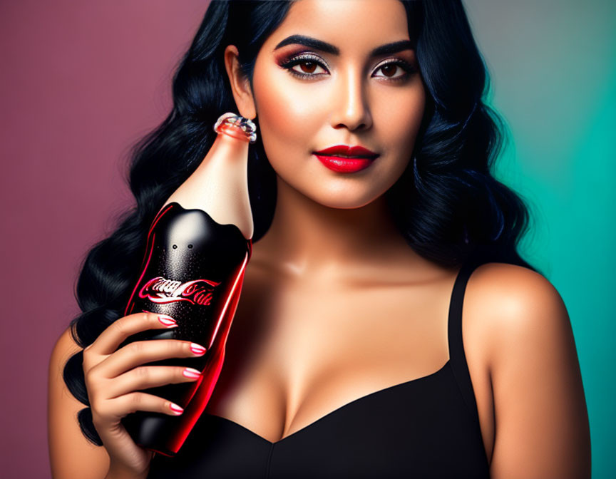 Dark-haired woman with striking makeup holding Coca-Cola bottle on teal and pink background