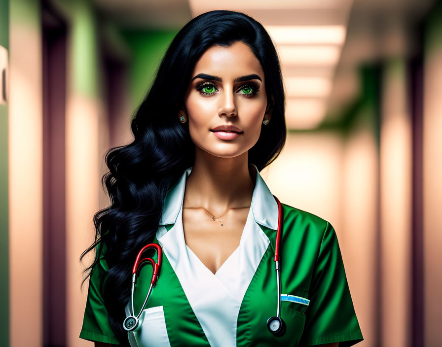 Digital artwork of woman with green eyes in medical attire standing in hallway