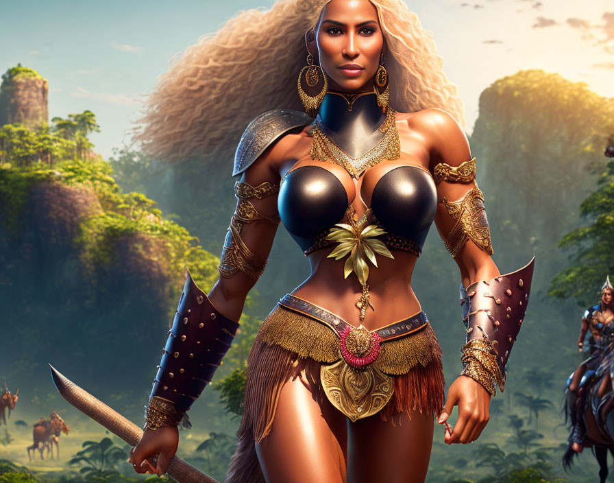 Warrior woman in golden armor with curly hair in jungle scene