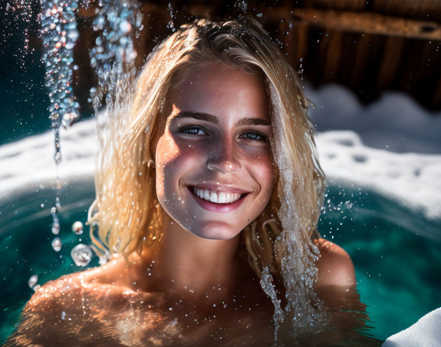 Smiling woman in hot tub with water droplets.