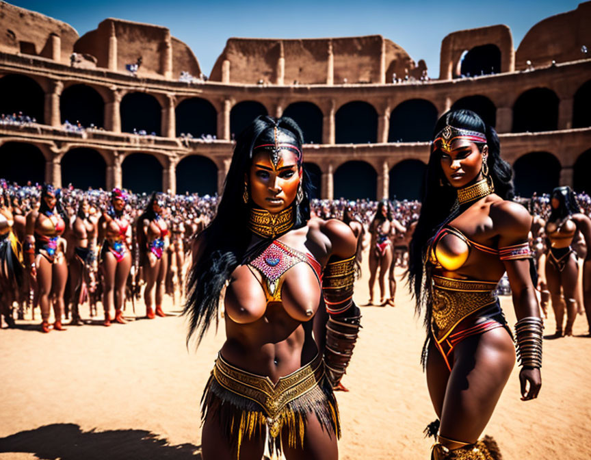 Two women in tribal costumes in Colosseum-like arena.