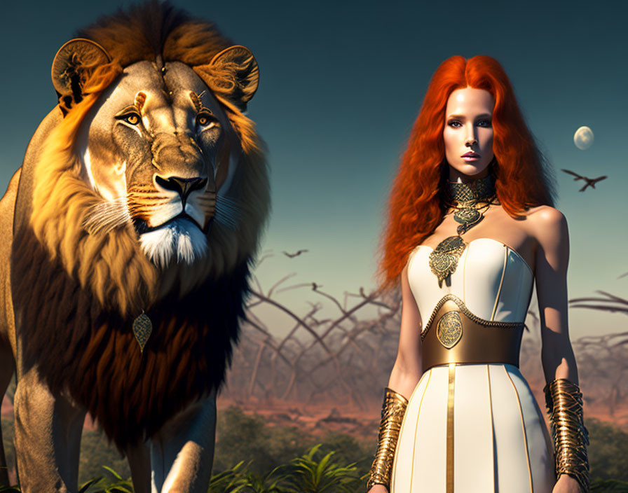 Red-haired woman in white and gold dress with lion in savannah at dusk