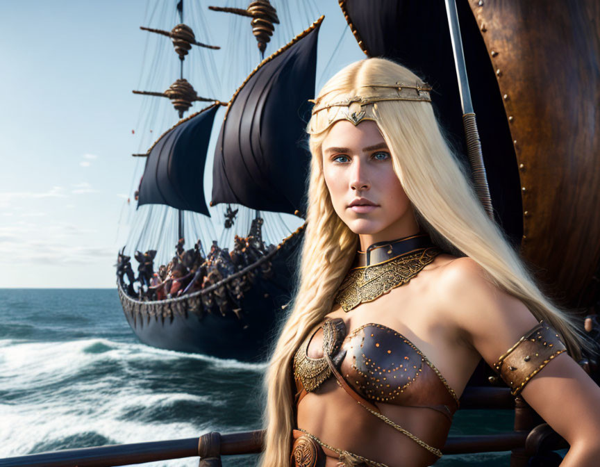 Blonde warrior woman in golden armor by sailing ship