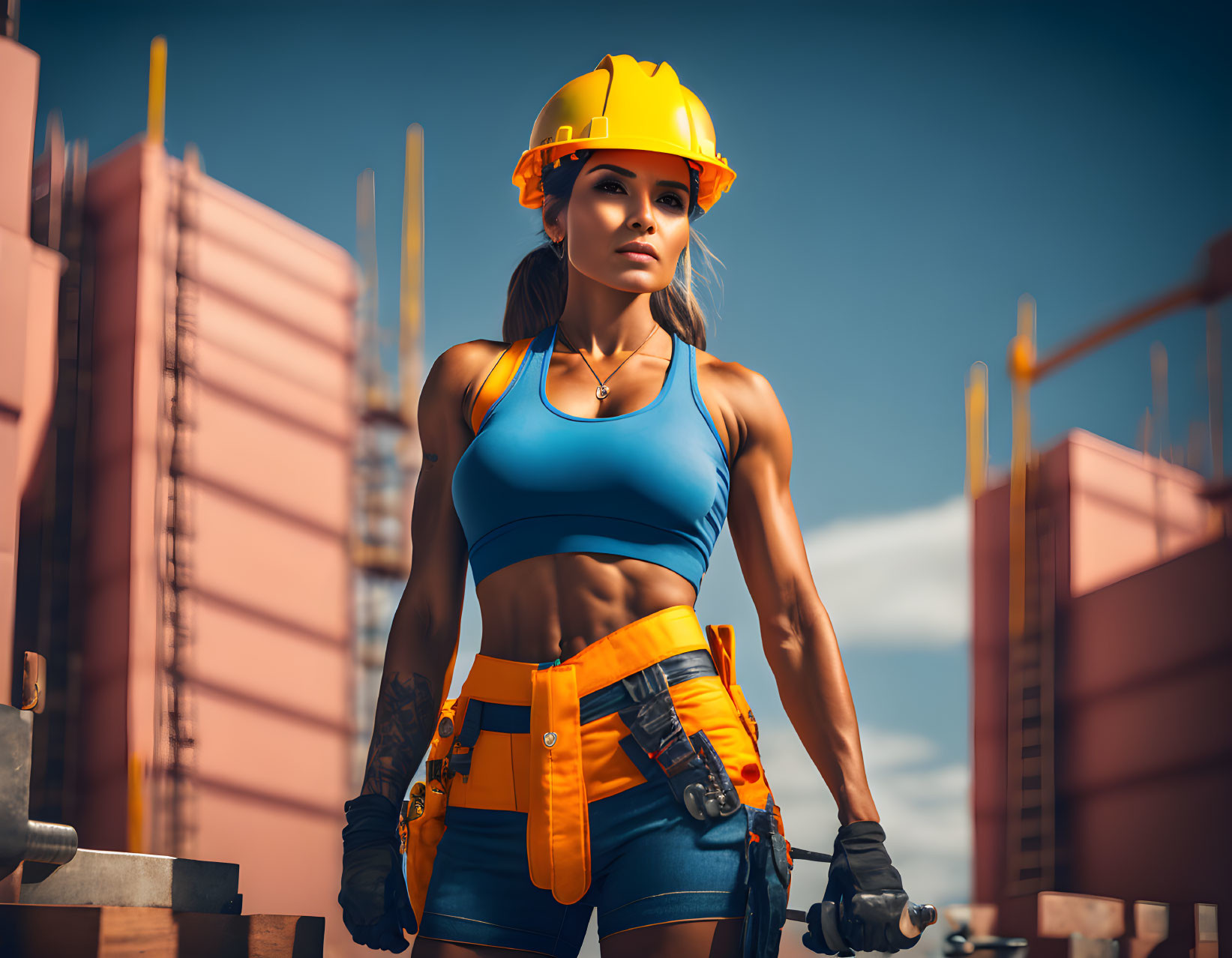 Confident female construction worker at site with hard hat and tool belt