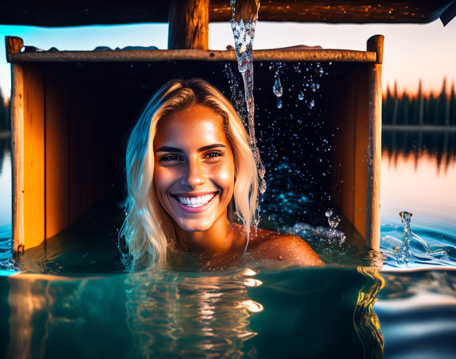 Person smiling in outdoor bath at sunset by serene lake