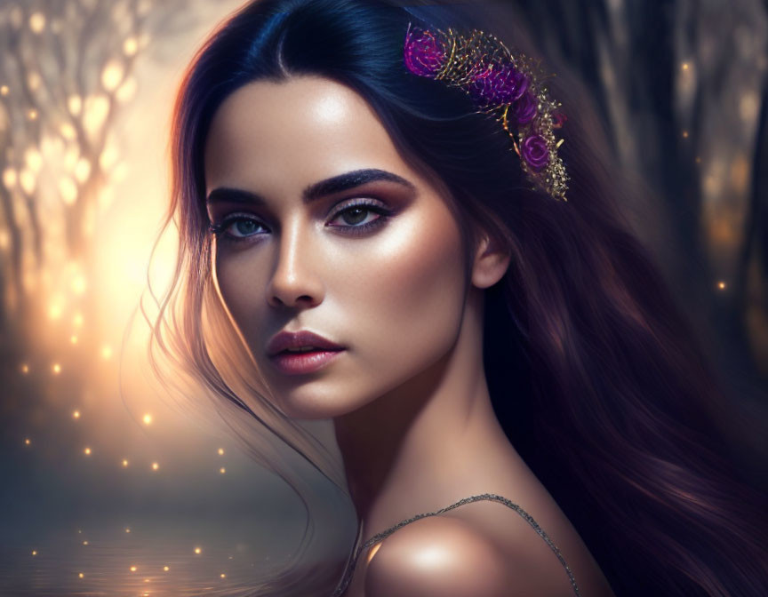 Digital portrait of woman with long hair, striking makeup, and decorative headpiece in glowing forest landscape